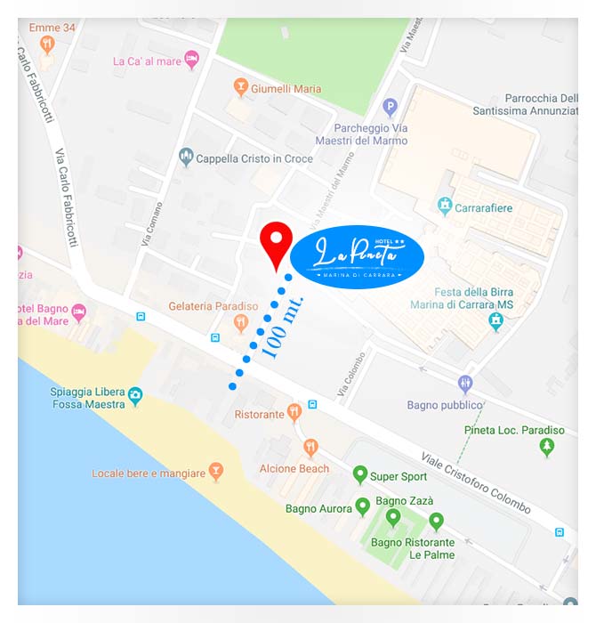 Mappa Google di Hotel La Pineta, distanza dal mare e da Carrara Fiere